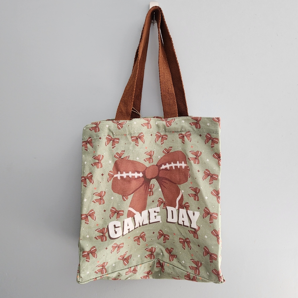 Game Day Football Bow Ribbon Light Canvas Tote Bag NWT - Picture 8 of 13